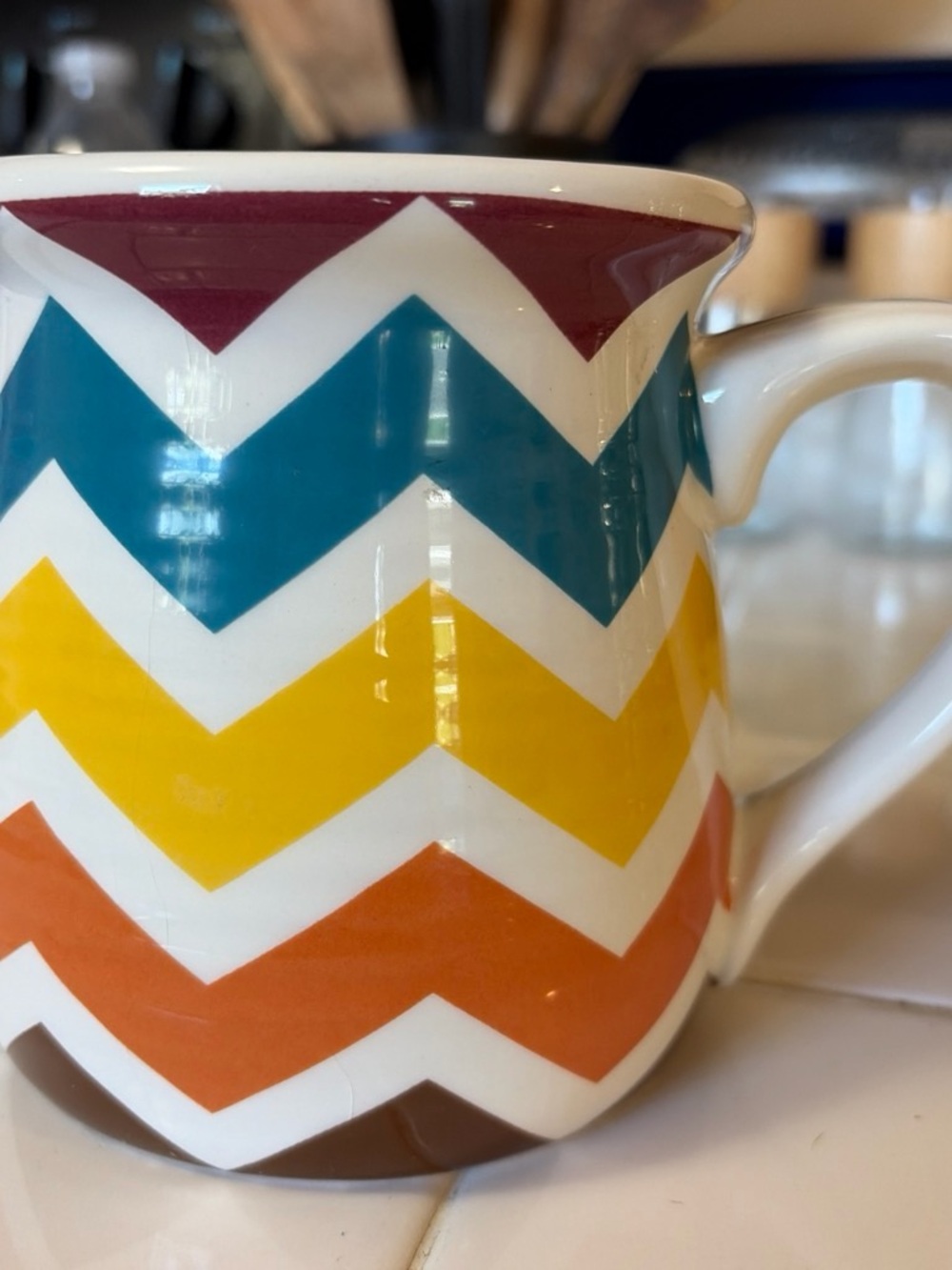 Multicolor Chevron Ceramic Pitcher - White, Teal, Yellow, Orange, Brown